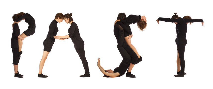 Black dressed people forming PAST word over white