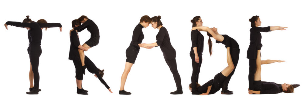 Black dressed people forming TRADE word over white