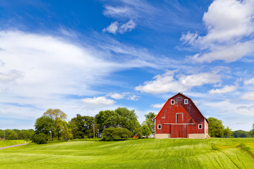 agriculture landscape with old red barn