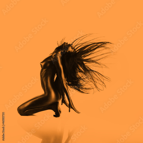 Naklejka na szybę artistic nude, young woman, sitting, orange background