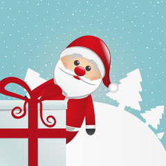 Poster - santa behind gift box white winter landscape