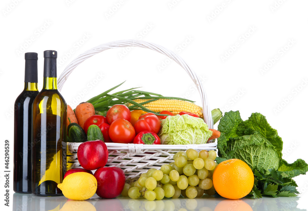 Composition with vegetables and fruits in wicker basket