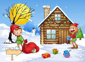 Wall Mural - elves and snow man