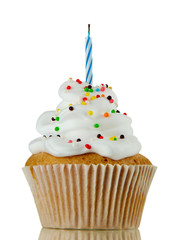 Wall Mural - tasty birthday cupcake with candle, on grey background