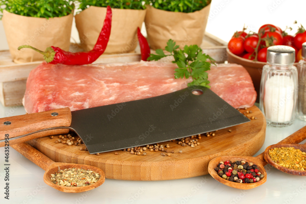 composition of raw meat, vegetables and spices close-up