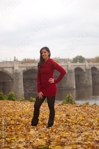 Fotografie, Obraz Young lady in red standing on leaves in front of bridge