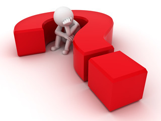 Poster - 3d man sitting in red question mark over white background