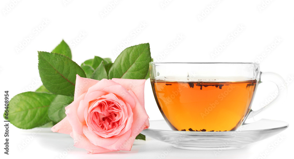 cup of tea with rose isolated on white