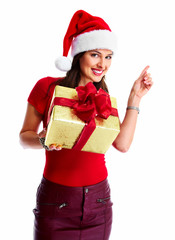 Wall Mural - Christmas santa woman with gift.