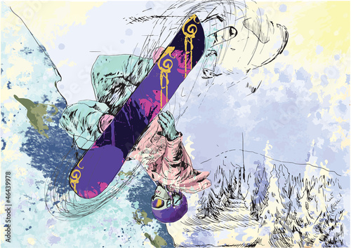 Naklejka - mata magnetyczna na lodówkę snowboarder - hand drawing