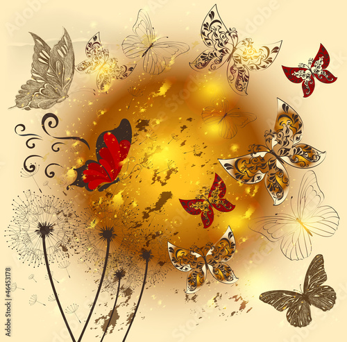 Fototapeta na wymiar Creative flower shiny background with butterflies