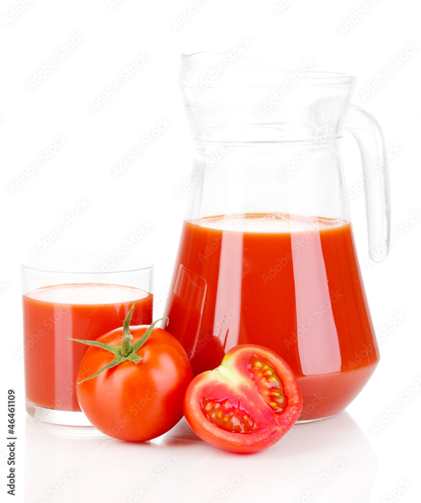 Tomato juice in pitcher and glass isolated on white