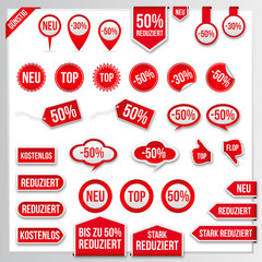 Vector red price tags, labels, stickers, arrows and ribbons