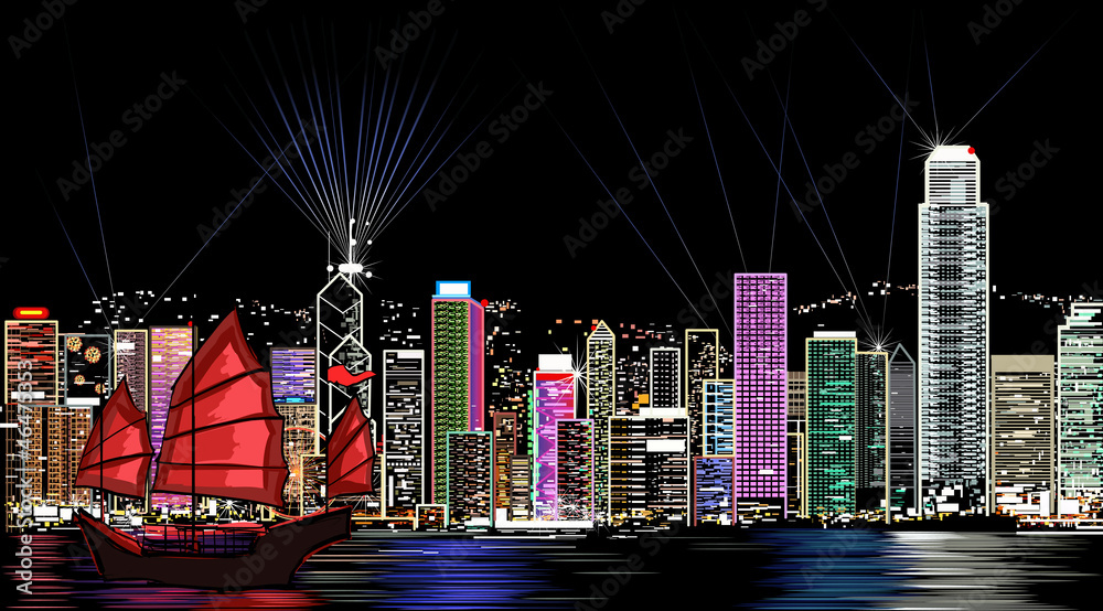vector illustration of Hong Kong by night - obrazy, fototapety, plakaty 