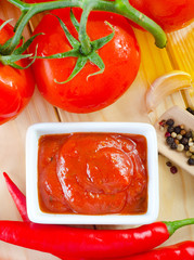 Poster - tomato and chilli  sauce in the white bowl