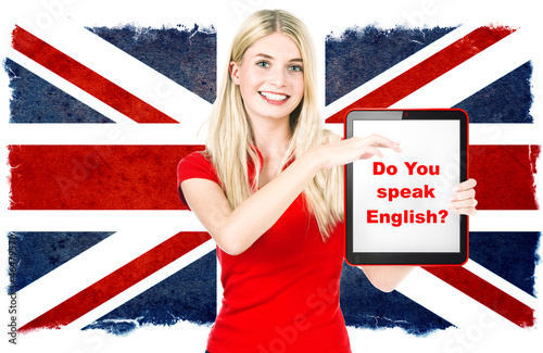 Fotografie, Obraz young woman holding tablet pc. english learning concept