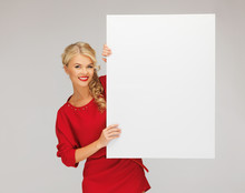 Lovely Woman In Red Dress With Blank Board