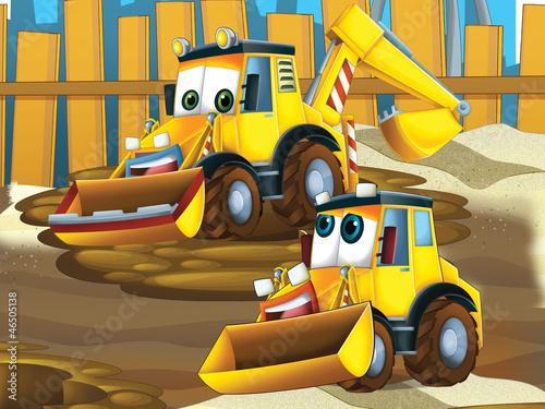 Obraz w ramie Father and son excavators - illustration for the children