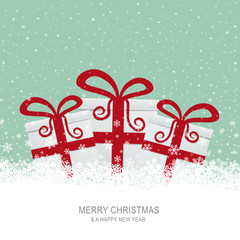 Sticker - christmas gift boxes on snowy green background