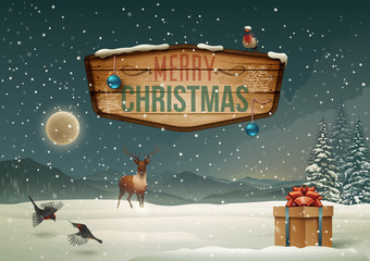 winter holidays landscape with wooden sign.