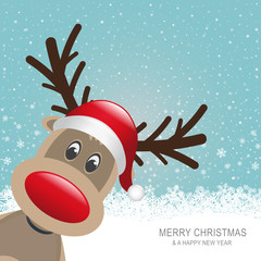 Sticker - reindeer red hat snow snowflake blue background