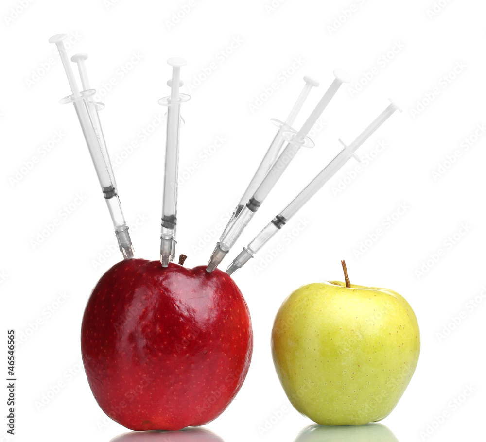 juicy apples and syringes isolated on white