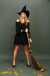 © Africa Studio - Halloween witch with  broom on gray background