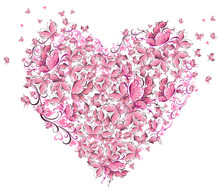 Floral Love Shape. Heart Of Butterflies. Valentine Day Card.