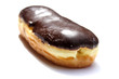 Chocolate cream filled donut on white background.