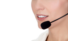 Cheerful Call Center Operator Against White Background