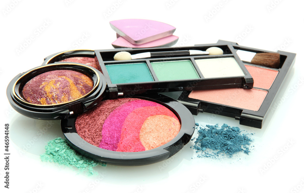 bright eye shadows and rouge with brushes, isolated on white