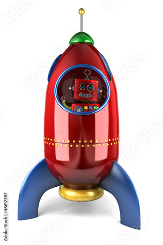 Naklejka ścienna Happy robot in rocket over white background