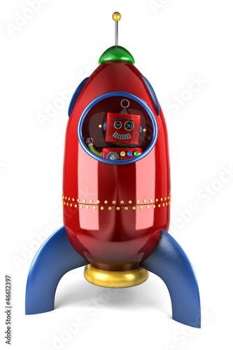 Naklejka dekoracyjna Happy robot in rocket over white background