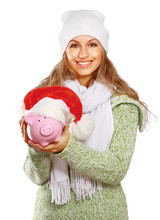 Young Beautiful Woman With Piggy Bank (money Box)