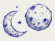 Moon and lunar craters. Doodle style