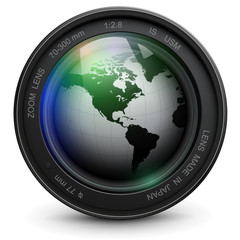 Poster - Camera photo lens with earth globe inside, vector.
