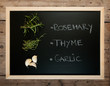 Blackboard with spices wooden background