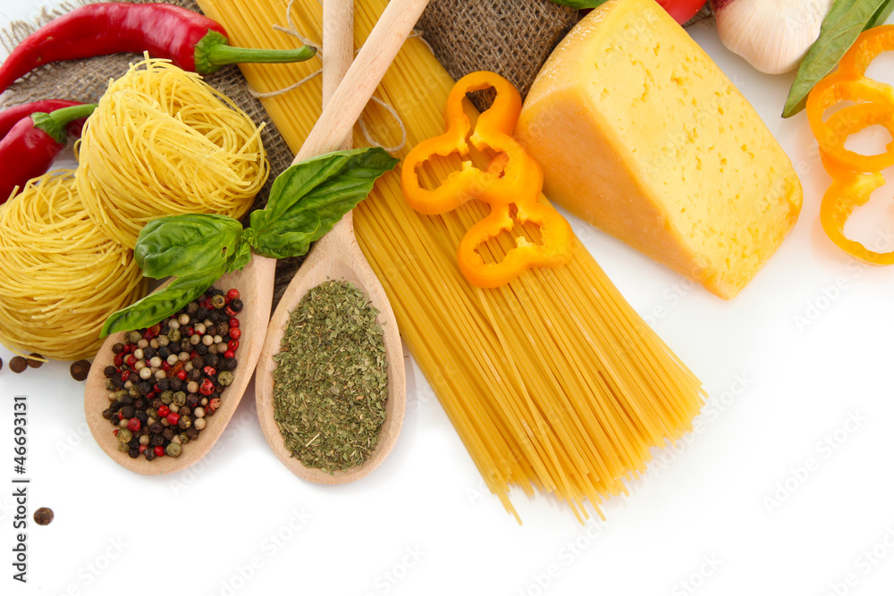 Pasta spaghetti, vegetables and spices, isolated on white