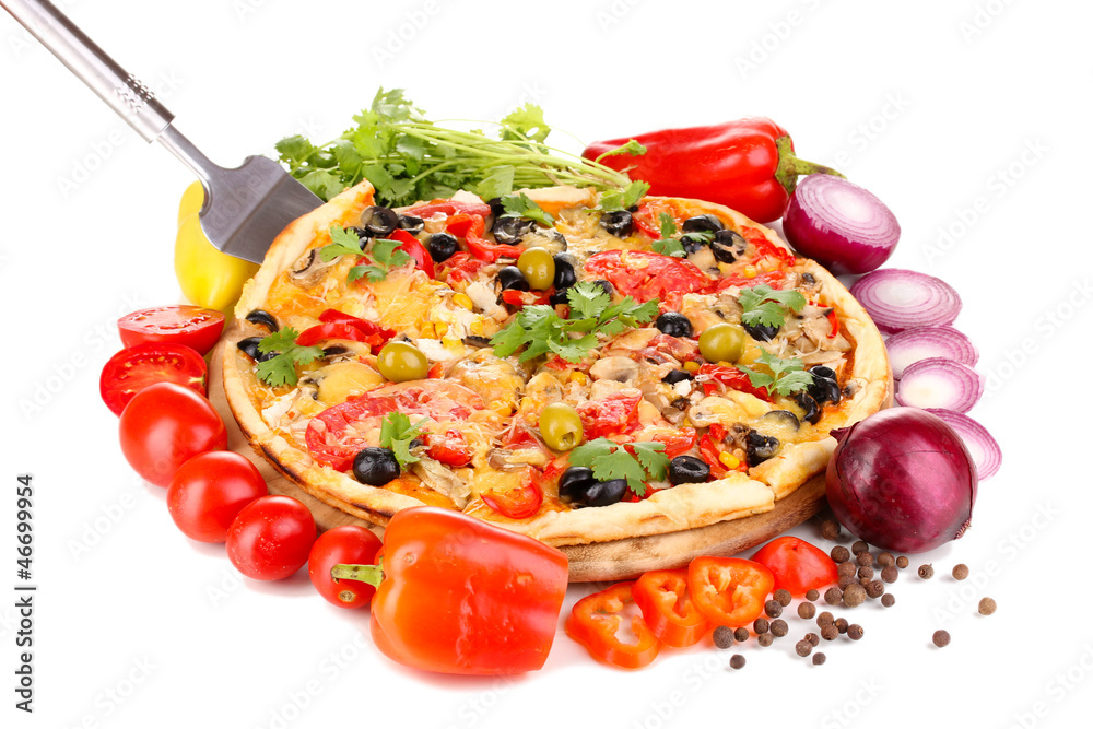 Delicious pizza with ingredients around isolated on white