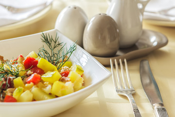 Beautiful tasty and healthy food on table in sunlight.