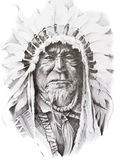 Papier Peint - Tattoo sketch of Native American Indian chief, hand made