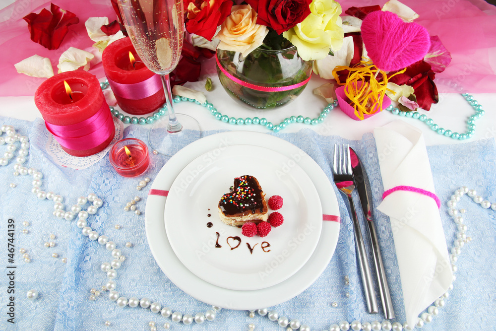 Table setting in honor of Valentine's Day close-up