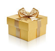 Golden gift box with golden ribbon over white