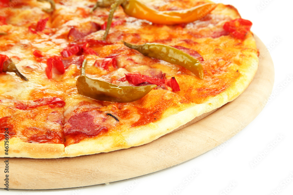 Tasty pepperoni pizza on wooden board isolated on white