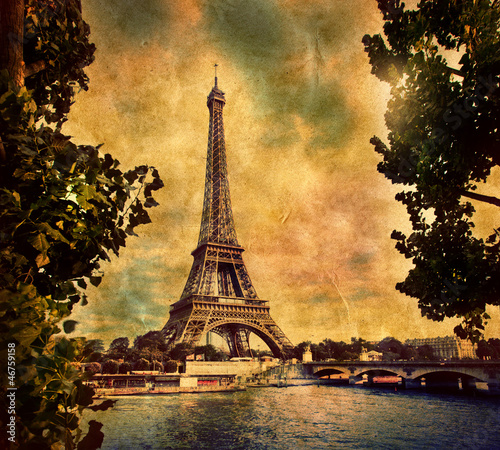 Fototapeta na wymiar Eiffel Tower in Paris, Fance in retro style. Seine river