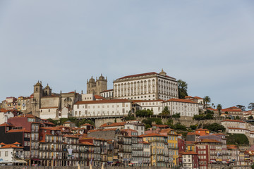 View of Porto city at the riverbank (Ribeira quarter) and wine b