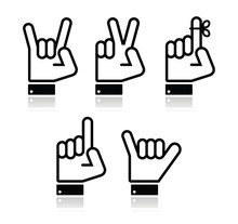 Hand Vector Gestures, Signals And Signs - Victory, Rock, Point
