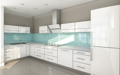 Light Blue White Open Kitchen