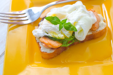 Wall Mural - Close Up of Poached Delicious Egg with Whole Grain Bread