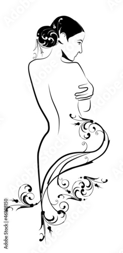 Fototapeta na wymiar freehand sketch of beautiful girl with floral arabesque in art n